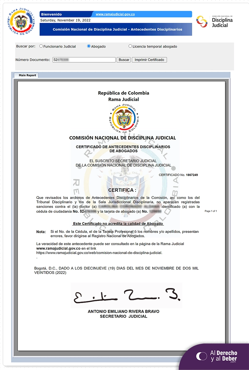 Cómo consultar los antecedentes disciplinarios de un abogado o abogada en Colombia paso 3 descarga de certificado