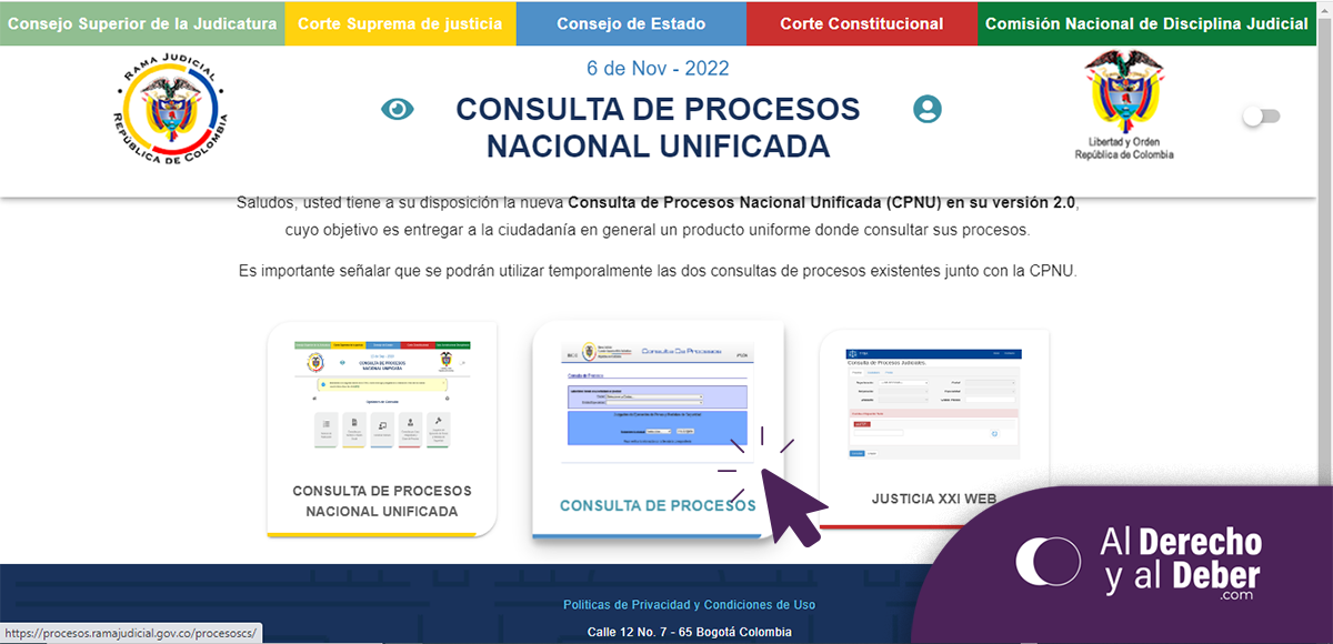 ingreso a consulta de procesos 3 opciones página rama judicial colombia