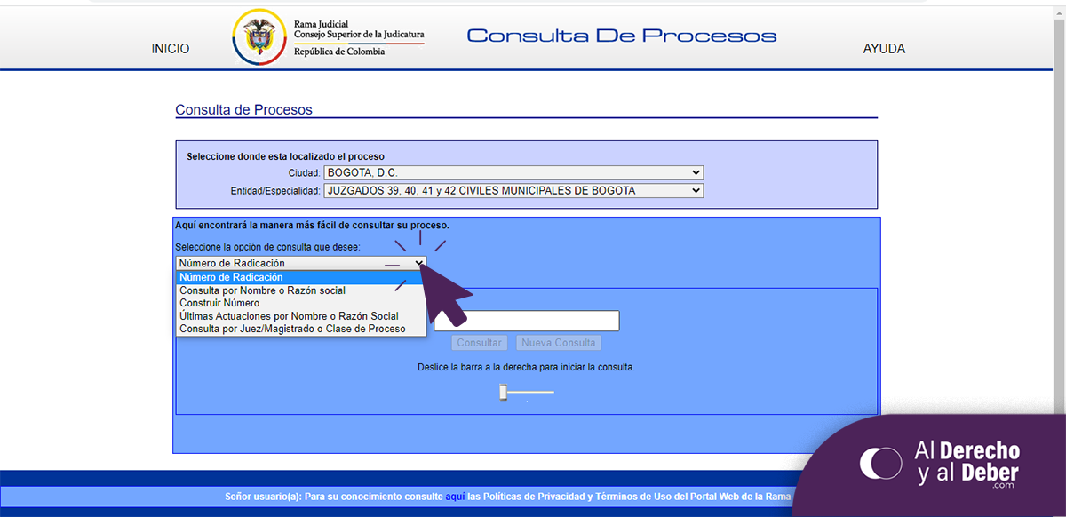 ingreso a consulta de procesos ingresar dato para consulta rama judicial colombia
